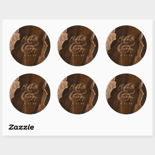 Mocha Brown Gold Agate Script Wedding Ronde Sticker (Vel)
