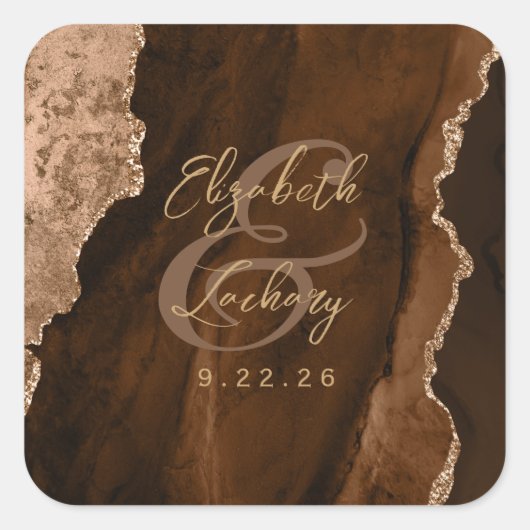 Mocha Brown Gold Agate Script Wedding Vierkante Sticker (Voorkant)