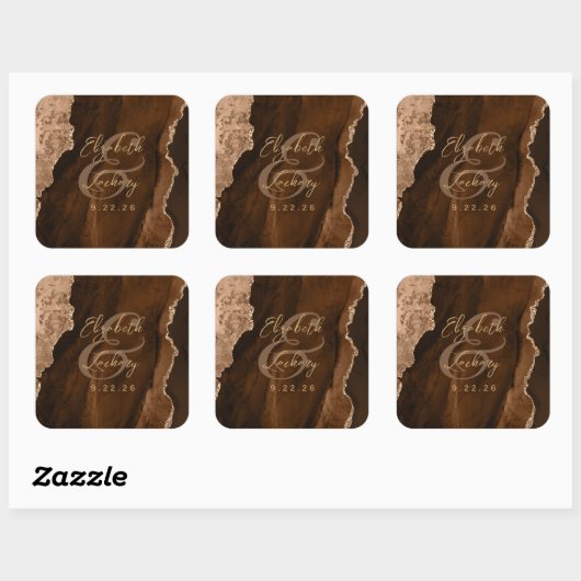 Mocha Brown Gold Agate Script Wedding Vierkante Sticker (Vel)