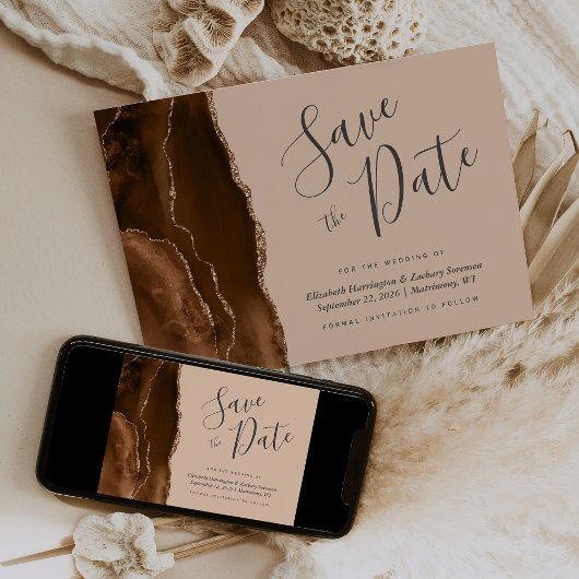 Mocha Brown Gold Agate Tan Save the Date Card Kaart