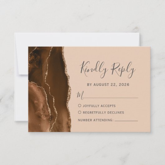 Mocha Brown Gold Agate Tan Wedding RSVP Kaartje (Voorkant)