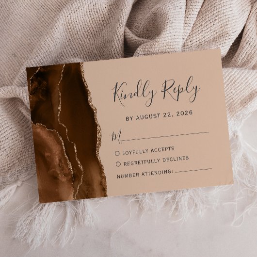 Mocha Brown Gold Agate Tan Wedding RSVP Kaartje