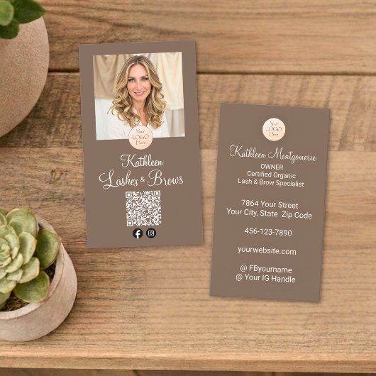 Mocha Brown Logo QR Code Photo Lashes and Brows Visitekaartje