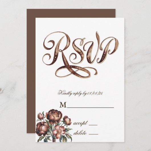 Mocha Brown Paint Peony Wedding RSVP Kaarten (Voorkant / Achterkant)