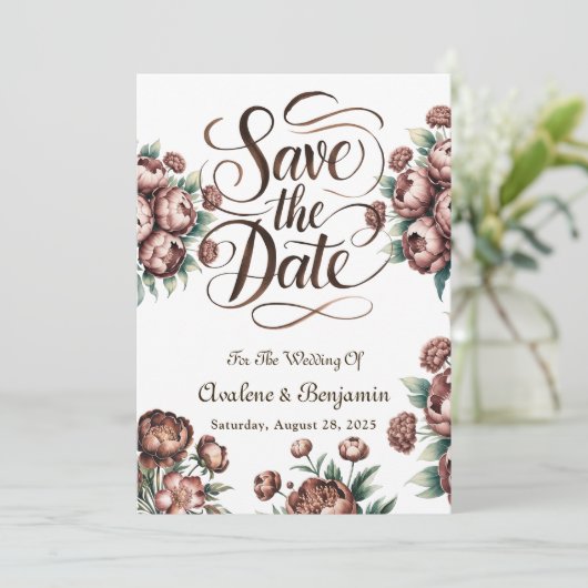 Mocha Brown Painted Peony Bewaar de datumkaarten Kaart (Staand voorkant)