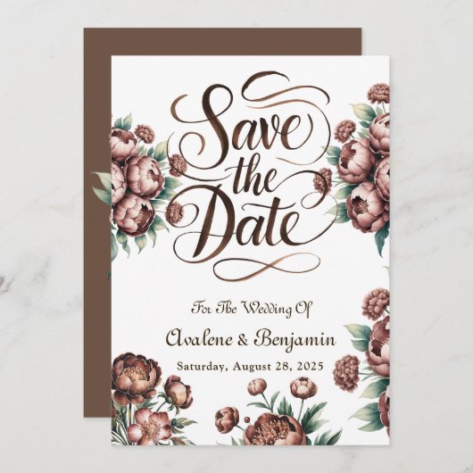 Mocha Brown Painted Peony Bewaar de datumkaarten Kaart (Voorkant / Achterkant)