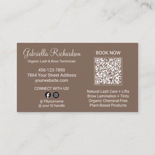 Mocha Brown Script Photo QR Code Brows and Lashes Visitekaartje (Achterkant)