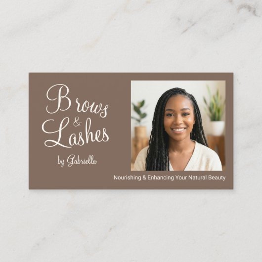 Mocha Brown Script Photo QR Code Brows and Lashes Visitekaartje (Voorkant)