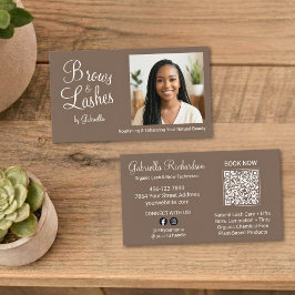 Mocha Brown Script Photo QR Code Brows and Lashes Visitekaartje