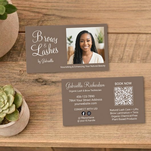 Mocha Brown Script Photo QR Code Brows and Lashes Visitekaartje