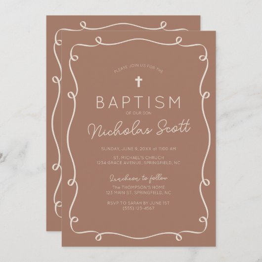 Mocha Brown Squiggle Doopuitnodiging Kaart (Voorkant / Achterkant)