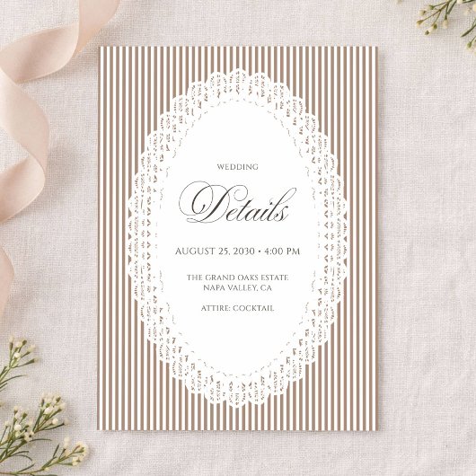 Mocha Brown Stripe Lace Doily Wedding Details Informatiekaartje
