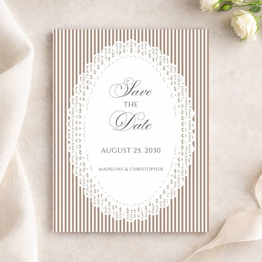 Mocha Brown Stripe Lace Doily Wedding Save The Date