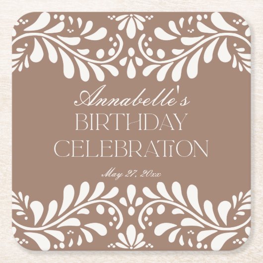 Mocha Brown Talavera Tegel Fiesta Verjaardagsfeest Kartonnen Onderzetters (Voorkant)