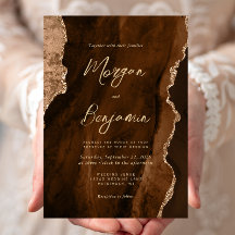 Mocha Brown Waterverf Agate Gold Script Wedding