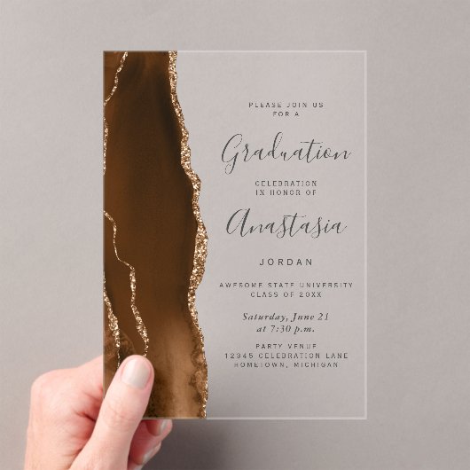Mocha Bruin Goud Agaat Grijs Tekst Afstuderen Acryl Uitnodigingen (Insitu (Draagbaar))
