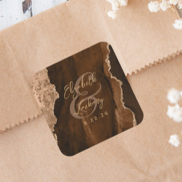 Mocha Bruin Goud Agaat Script Bruiloft Vierkante Sticker
