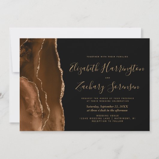 Mocha Bruin Gouden Agaat Donkere Bruiloft Uitnodig Kaart (Voorkant)