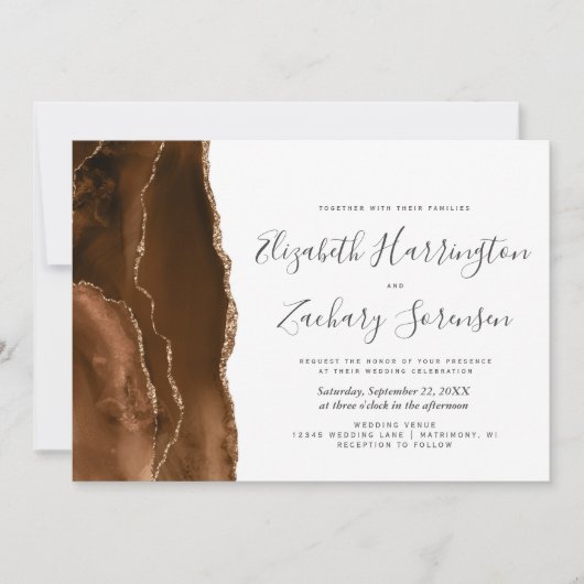 Mocha Bruin Gouden Agaat Huwelijksuitnodiging Kaart (Voorkant)
