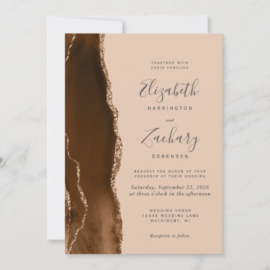 Mocha Bruin Gouden Agaat Tam QR Code Wedding Kaart (Voorkant)
