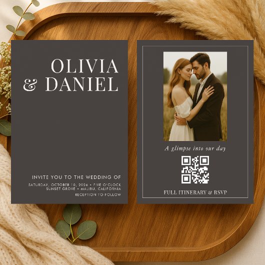 Mocha Bruin Minimalistische Foto QR Code Trouwfees Kaart