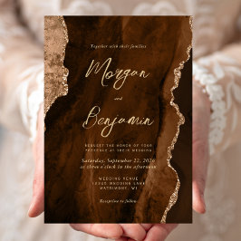 Mocha Bruine Aquarel Agate Gouden Bruiloftschrift Kaart