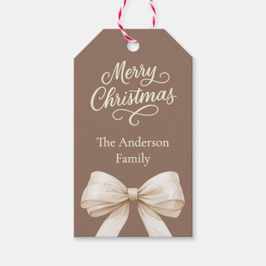 Mocha bruine crème strik Kerstmis Cadeaulabel (Voorkant)