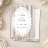 Mocha Bruine Franse Streep Kant Bruiloft Save The Date