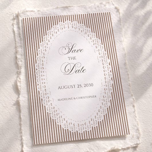 Mocha Bruine Franse Streep Kant Bruiloft Save The Date