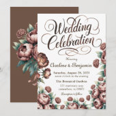 Mocha Bruine Geschilderde Pioen Bruiloftsfeest Kaart (Voorkant / Achterkant)