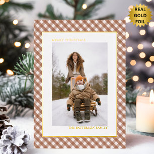 Mocha Bruine Gingham Schotland Patroon Foto Kerstm Folie Feestdagenkaart