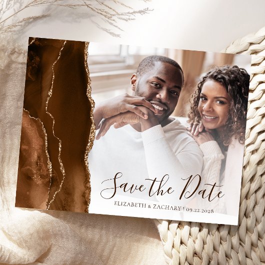 Mocha Bruine Gouden Agate Foto Bewaar de Datum Briefkaart