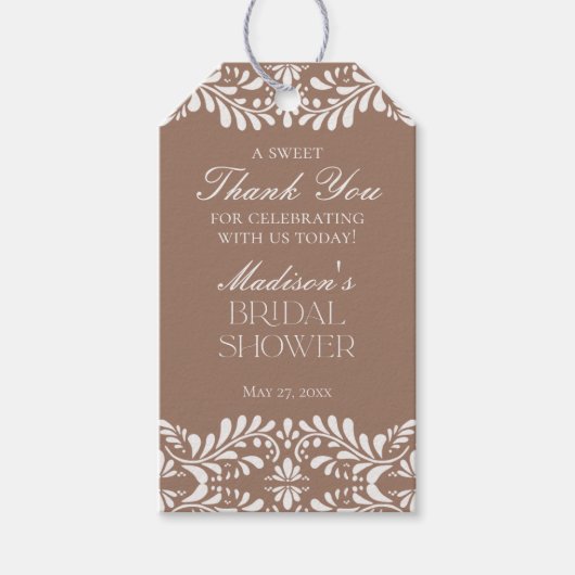 Mocha Bruine Talavera Fiesta Bruiloftsfeest Favori Cadeaulabel (Voorkant)