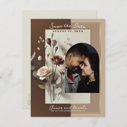 Mocha Café Au Lait Bruin Neutraal Bloemen Opslaan Aankondigingskaart (Voorkant / Achterkant)