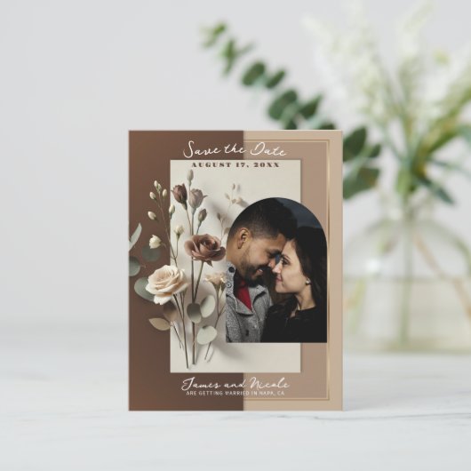 Mocha Café Au Lait Bruin Neutraal Bloemen Opslaan Aankondigingskaart (Staand voorkant)