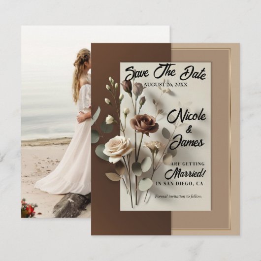 Mocha Café Au Lait Bruin Neutraal Bloemen Opslaan  Kaart (Voorkant / Achterkant)