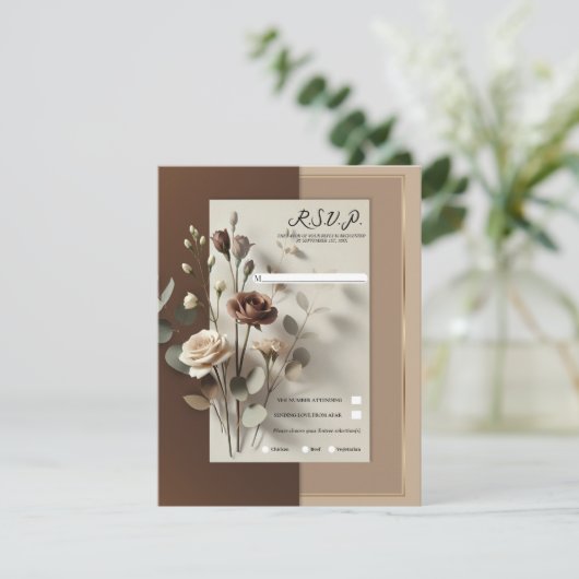 Mocha Café Au Lait Bruin Neutraal Bloemen RSVP Kaart (Staand voorkant)