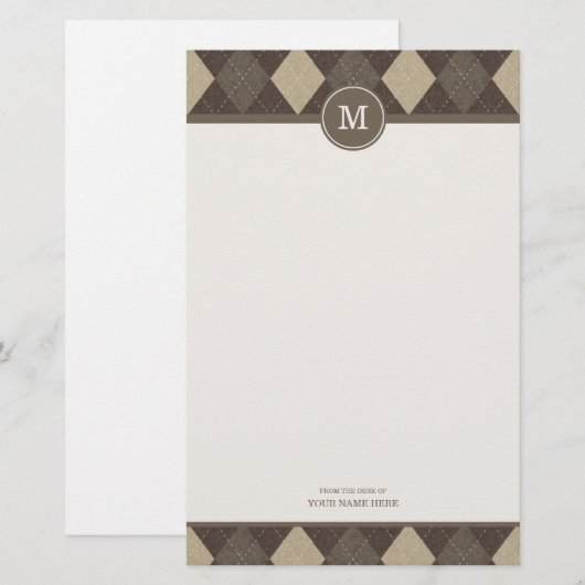Mocha Chocca Argyle Pset Monogram Stationery Briefpapier (Voorkant / Achterkant)