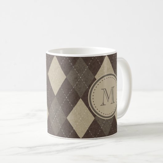Mocha Chocca Brown Argyle Pattern met Monogram Koffiemok (Voorkant rechts)