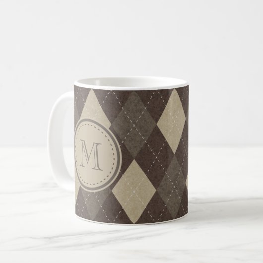 Mocha Chocca Brown Argyle Pattern met Monogram Koffiemok (Voorkant links)