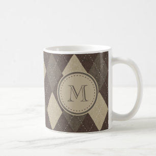 Mocha Chocca Brown Argyle Pattern met Monogram Koffiemok