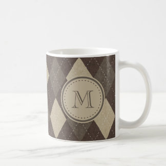 Mocha Chocca Brown Argyle Pattern met Monogram Koffiemok