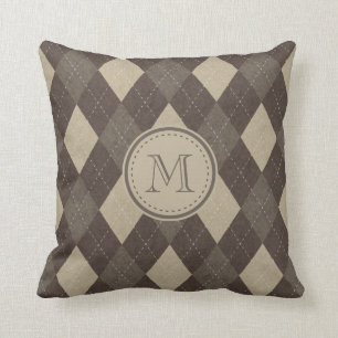 Mocha Chocca Brown Argyle Pattern met Monogram Kussen
