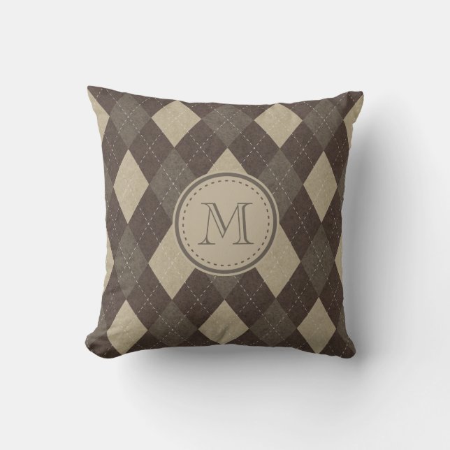 Mocha Chocca Bruine Argyle Patroon met Monogram Kussen (Voorkant)