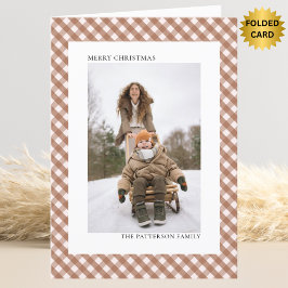 Mocha Chocolate Brown Gingham Twee foto kerst Feestdagen Kaart