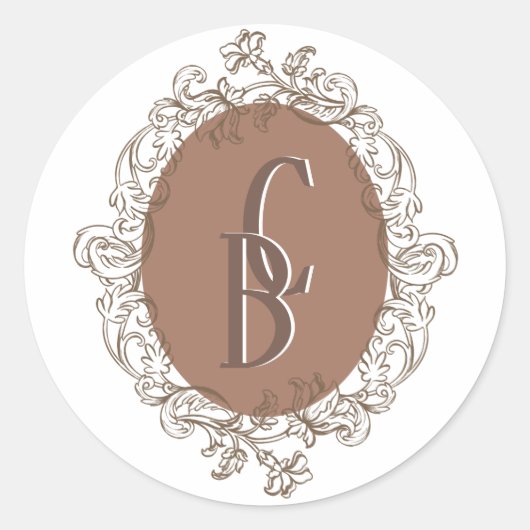 Mocha Chocolate Mousse Rococo bruiloft monogram Ronde Sticker (Voorkant)