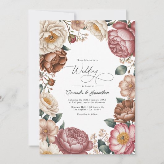 Mocha, Cream & Dusty Rose Floral Wedding QR Code Kaart (Voorkant)