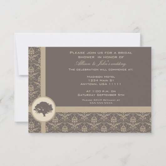 Mocha Damask Oak Bridal Shower Invitation Kaart (Voorkant)