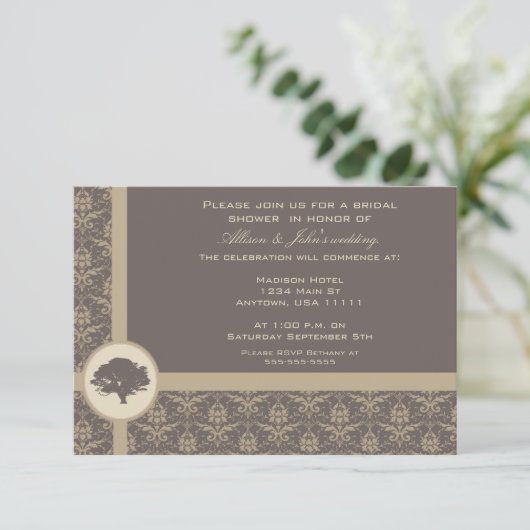 Mocha Damask Oak Bridal Shower Invitation Kaart (Staand voorkant)