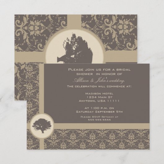 Mocha Damask Oak Bridal Shower Invitation Kaart (Voorkant / Achterkant)